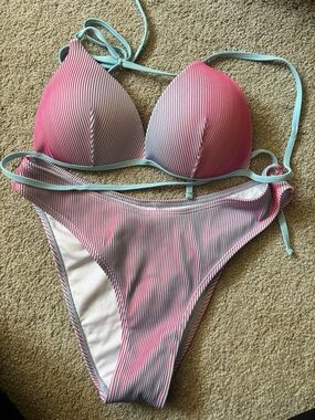 Women’s Pink Gradient Stripe Bikini with Mint Trim